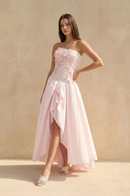 Robe longue rose bustier à appliqués - Harana