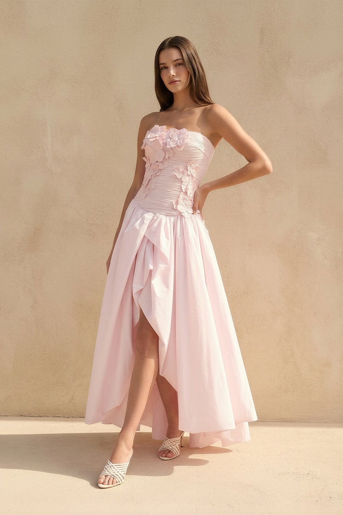 Robe longue rose bustier à appliqués - Harana
