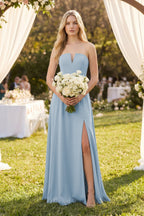 Robe demoiselle d’honneur bleu poudré longue bustier sans manches avec fente - Harana