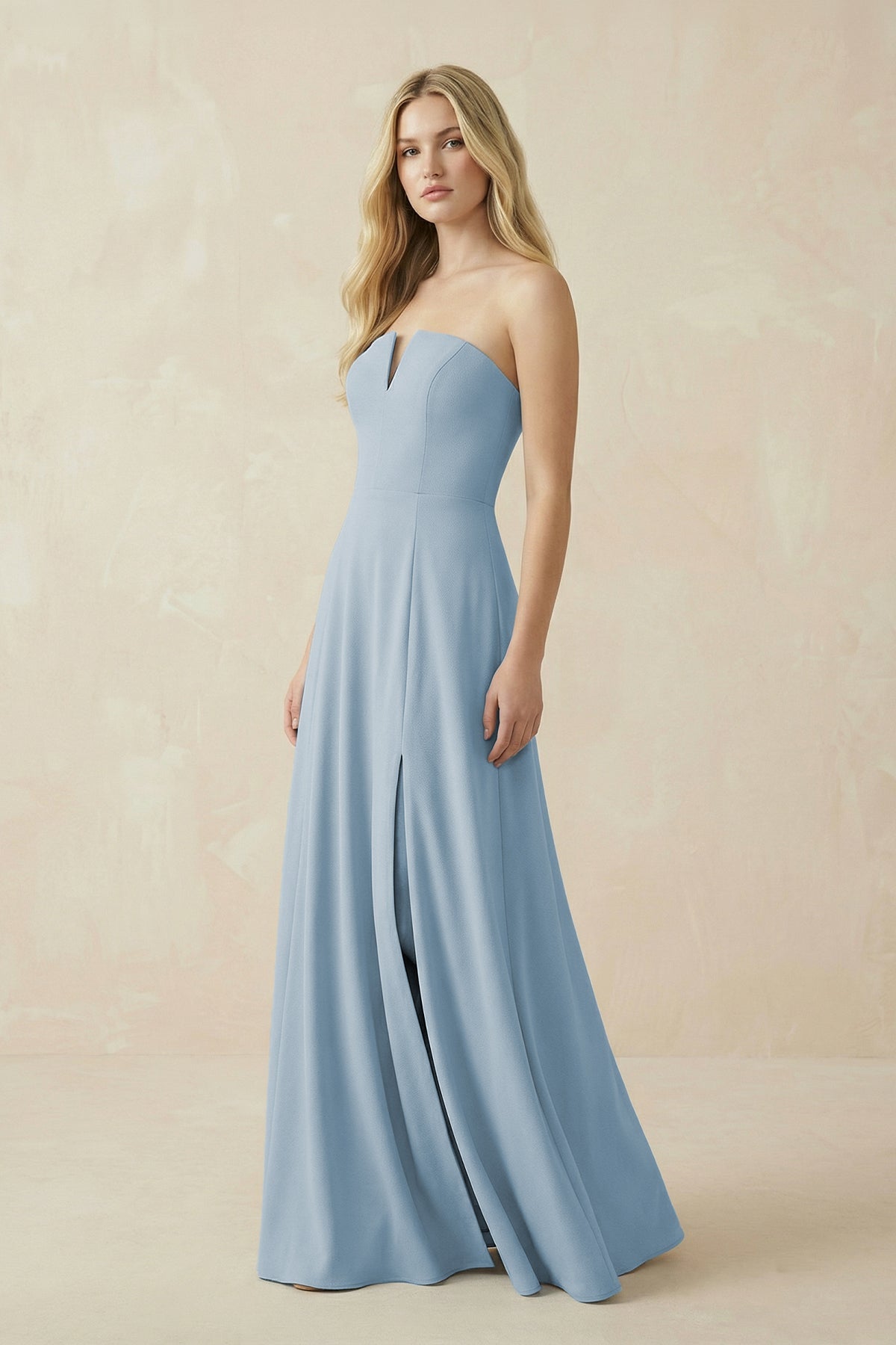 Robe demoiselle d’honneur bleu poudré longue bustier sans manches avec fente - Harana