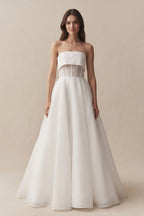 Robe de mariée blanche trapèze en mousseline bustier sans manches - Harana