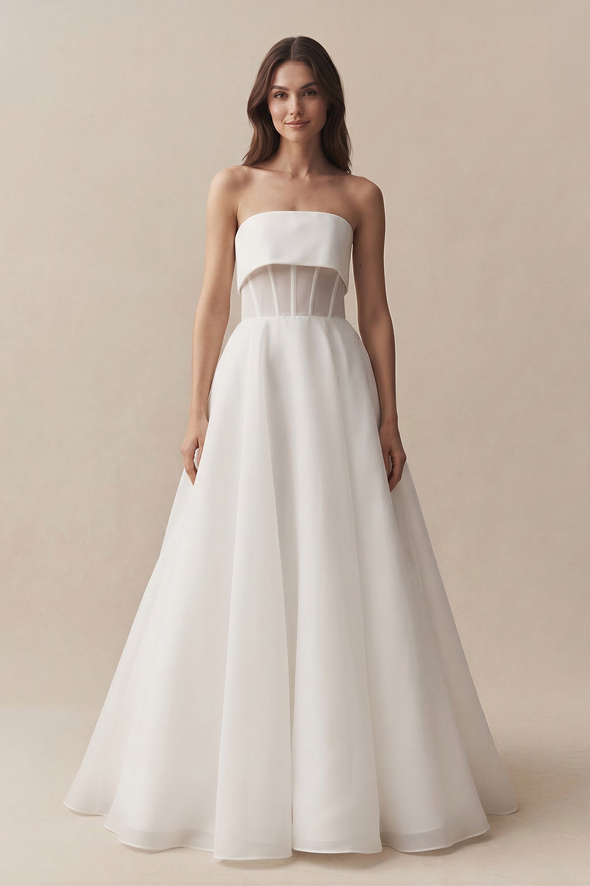 Robe de mariée blanche trapèze en mousseline bustier sans manches - Harana