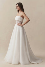 Robe de mariée blanche trapèze en mousseline bustier sans manches - Harana