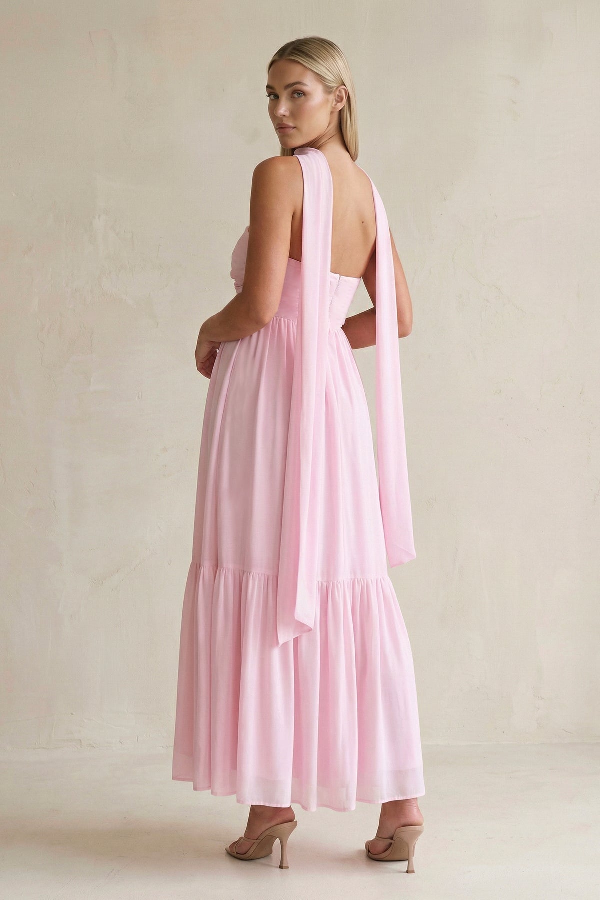 Robe demoiselle d’honneur candy pink longue bustier sans manches effet drapé - Harana