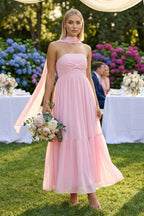 Robe demoiselle d’honneur candy pink longue bustier sans manches effet drapé - Harana
