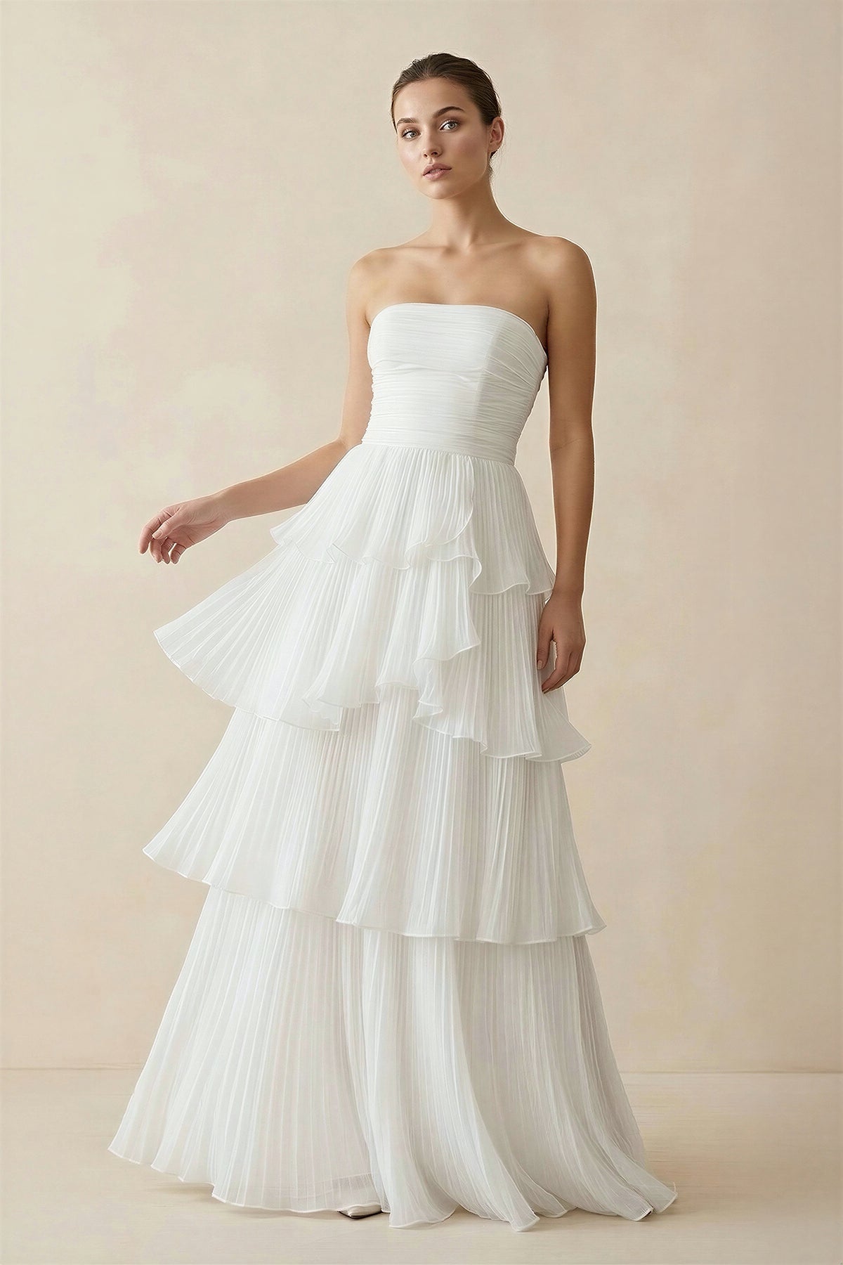Robe de mariée blanche trapèze mousseline bustier à volants - Harana