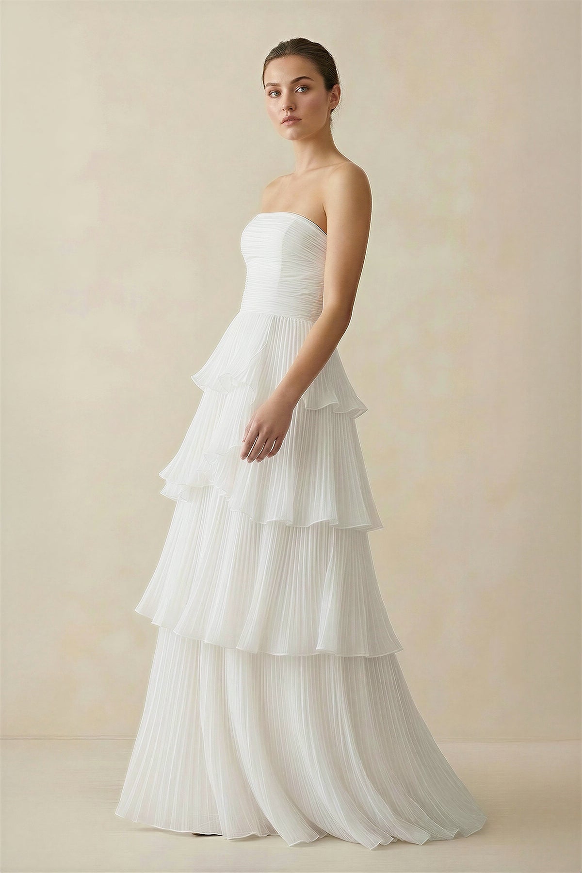 Robe de mariée blanche trapèze mousseline bustier à volants - Harana