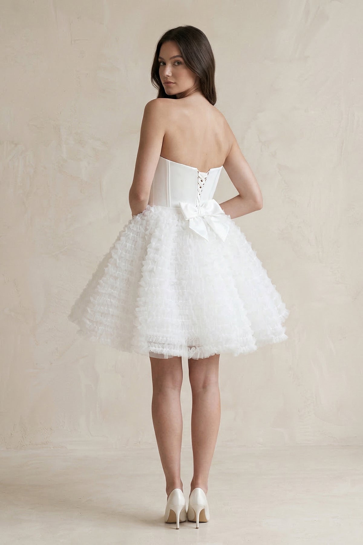 Robe de mariée courte blanc en tulle bustier sans manches - Harana