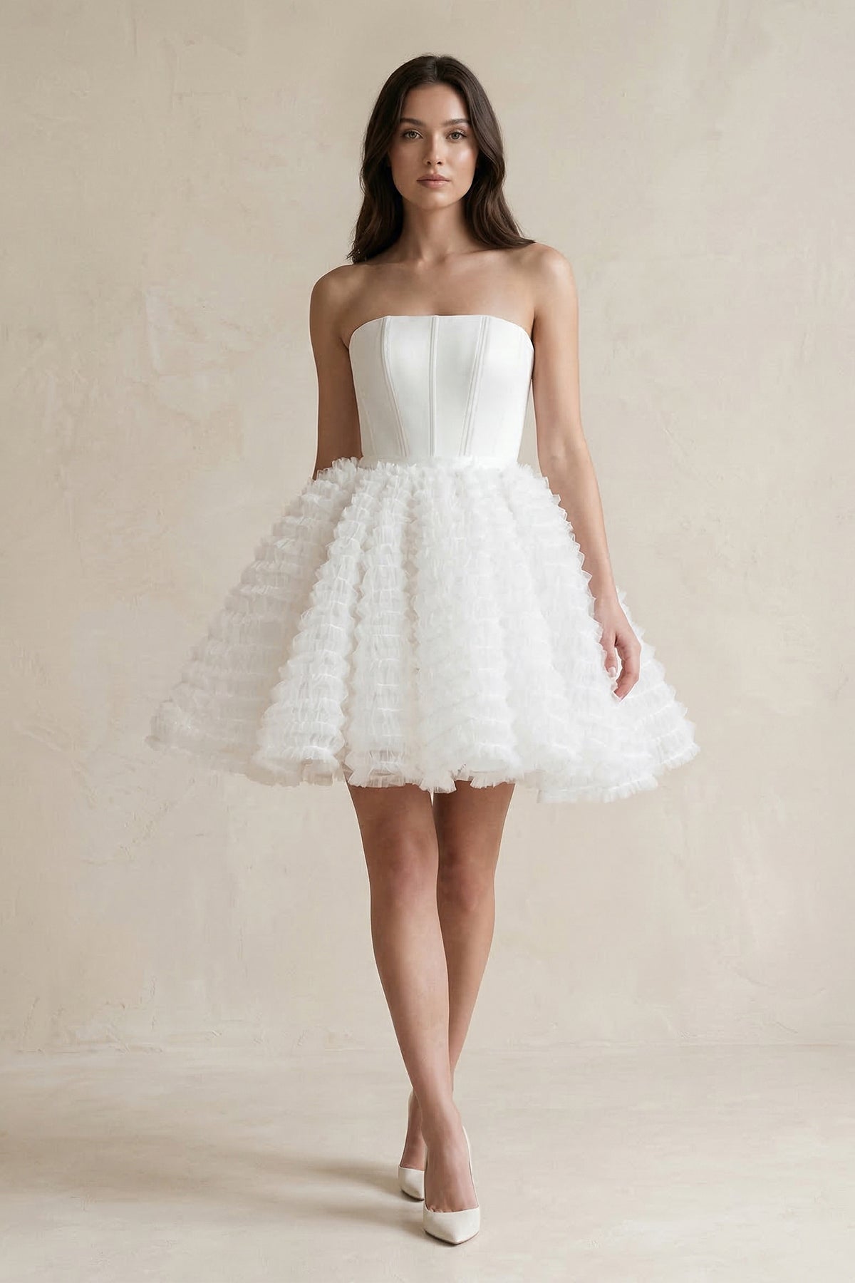 Robe de mariée courte blanc en tulle bustier sans manches - Harana