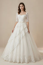 Robe de mariée blanc courte à épaules dénudées manches courtes à volants - Harana