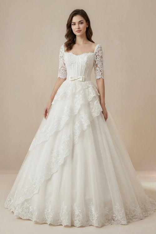 Robe de mariée blanc courte à épaules dénudées manches courtes à volants - Harana
