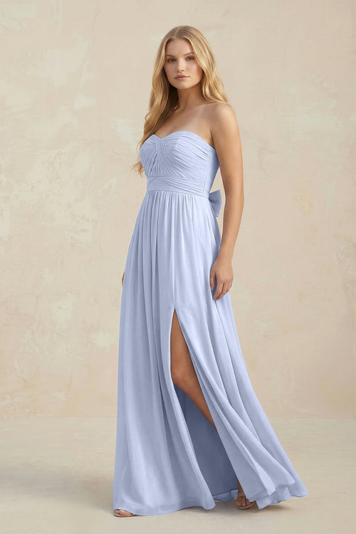Robe de demoiselle d’honneur bleu glacé longue en mousseline coupe trapèze à décolleté cœur plissée avec fente - Harana