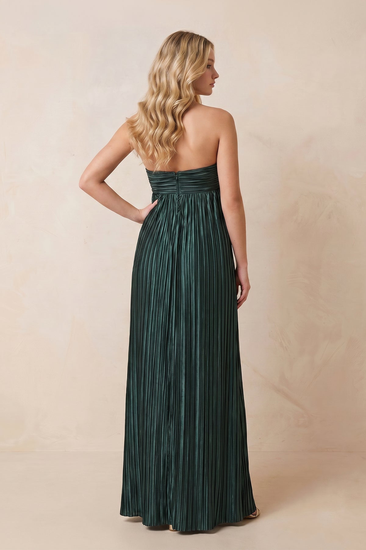 Robe vert foncé longue satinée coupe trapèze bustier - Harana