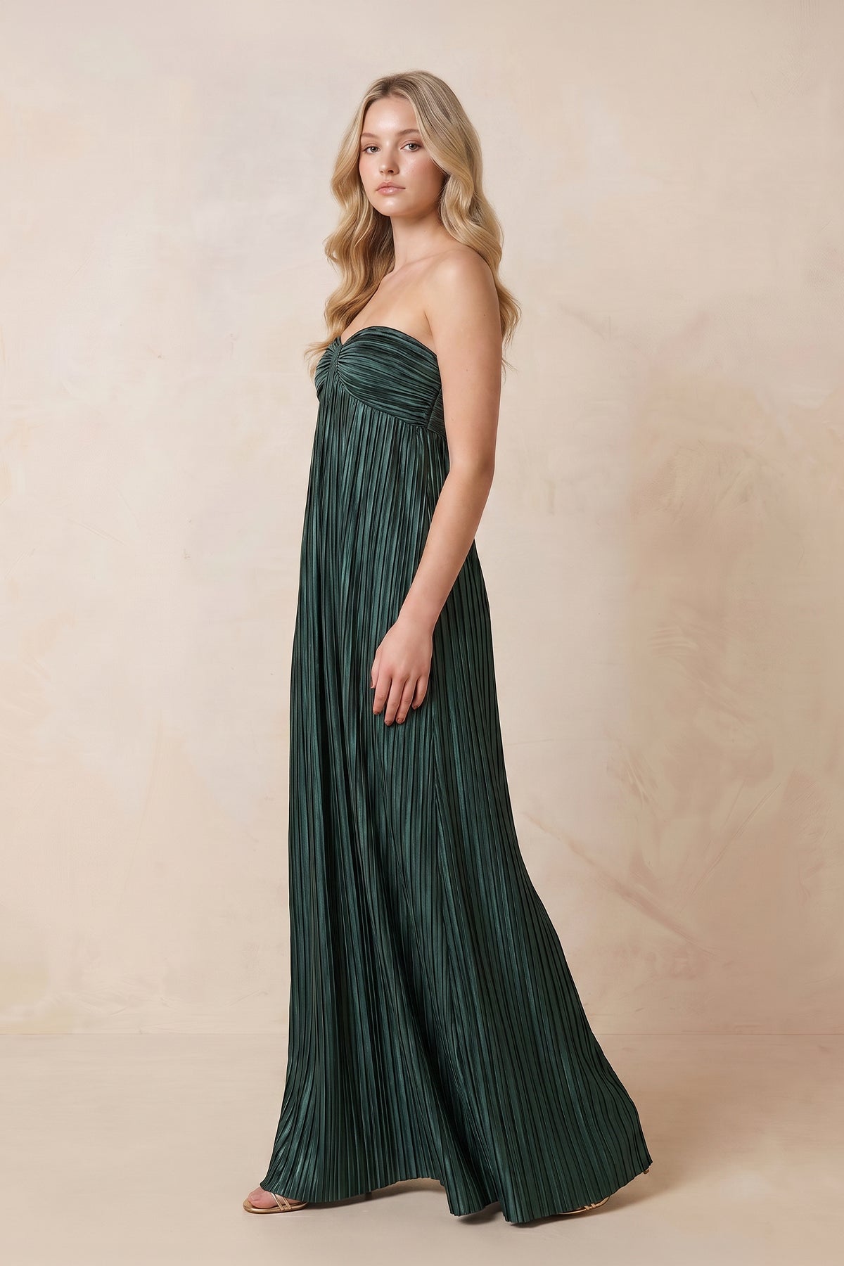 Robe vert foncé longue satinée coupe trapèze bustier - Harana