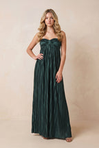 Robe vert foncé longue satinée coupe trapèze bustier - Harana