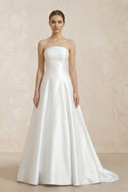 Robe de mariée blanche trapèze en satin bustier sans manches - Harana