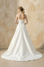 Robe de mariée blanc longue bustier sans manches satinée - Harana