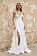 Robe de mariée blanche trapèze en satin bustier sans manches - Harana