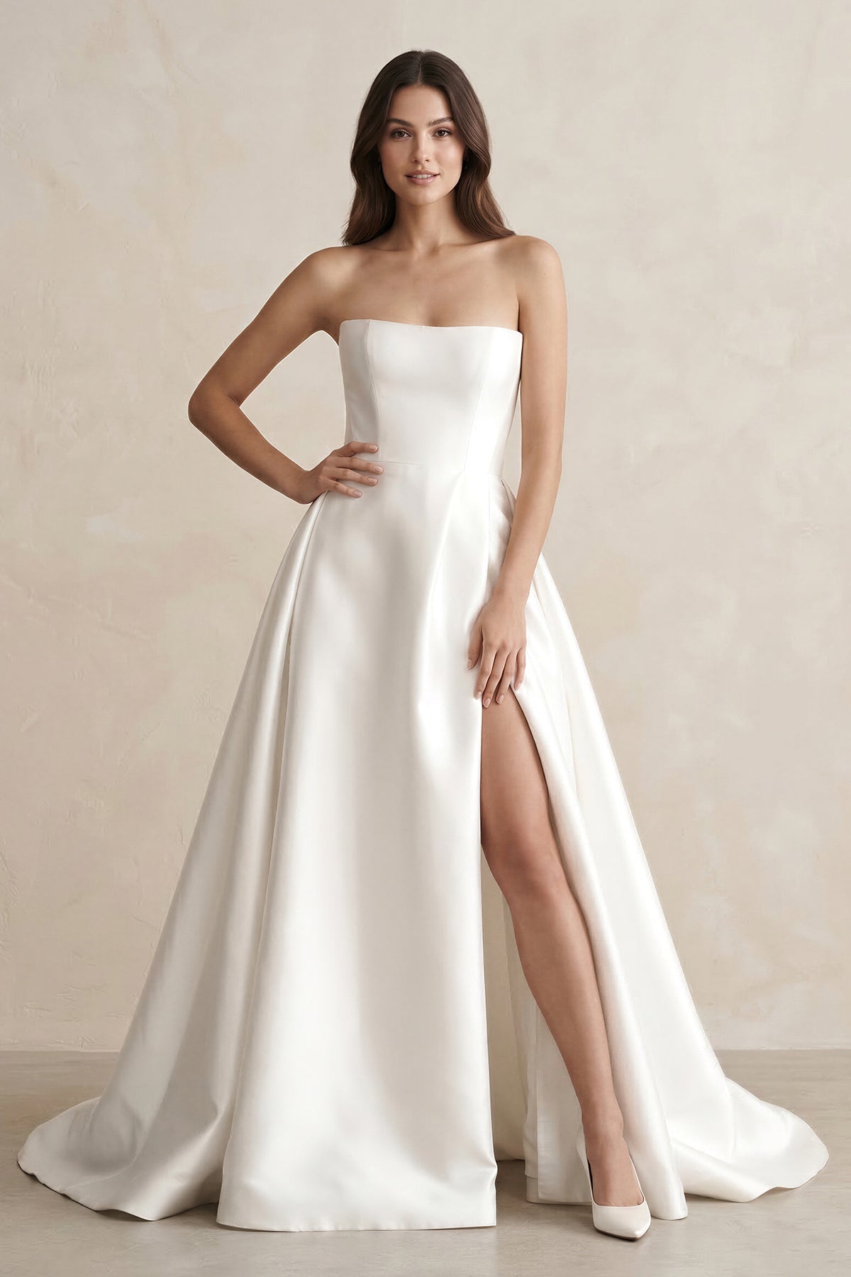 Robe de mariée blanche trapèze en satin bustier sans manches - Harana