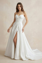 Robe de mariée blanche trapèze en satin bustier sans manches - Harana