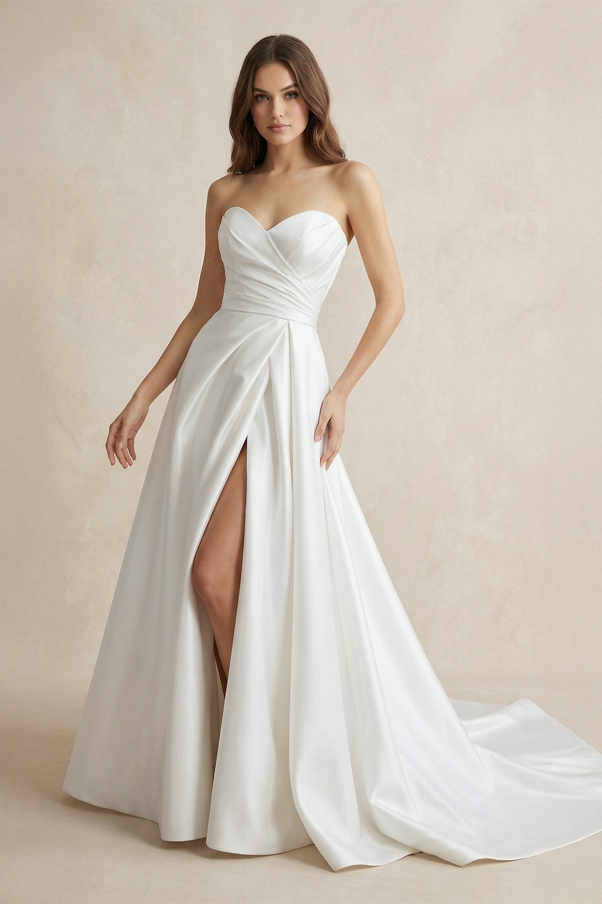 Robe de mariée blanche trapèze en satin bustier sans manches - Harana