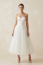 Robe de mariée blanche midi trapèze tulle bustier sans manches - Harana