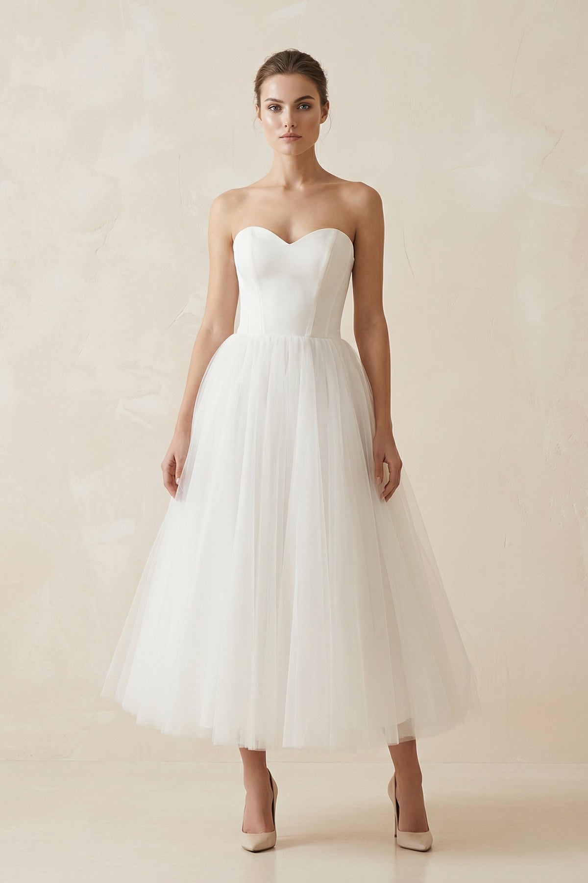 Robe de mariée blanche midi trapèze tulle bustier sans manches - Harana