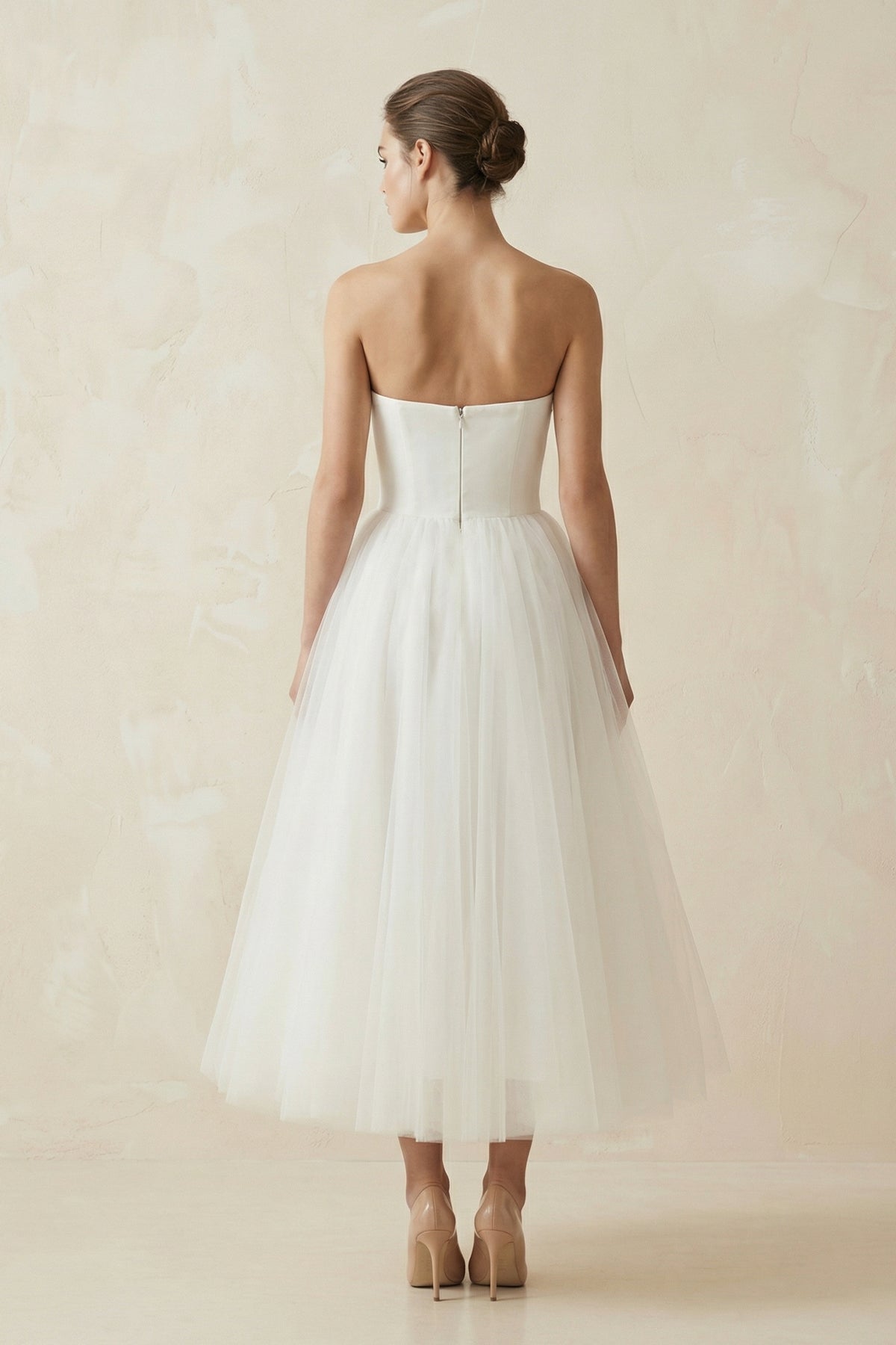 Robe de mariée blanche midi trapèze tulle bustier sans manches - Harana