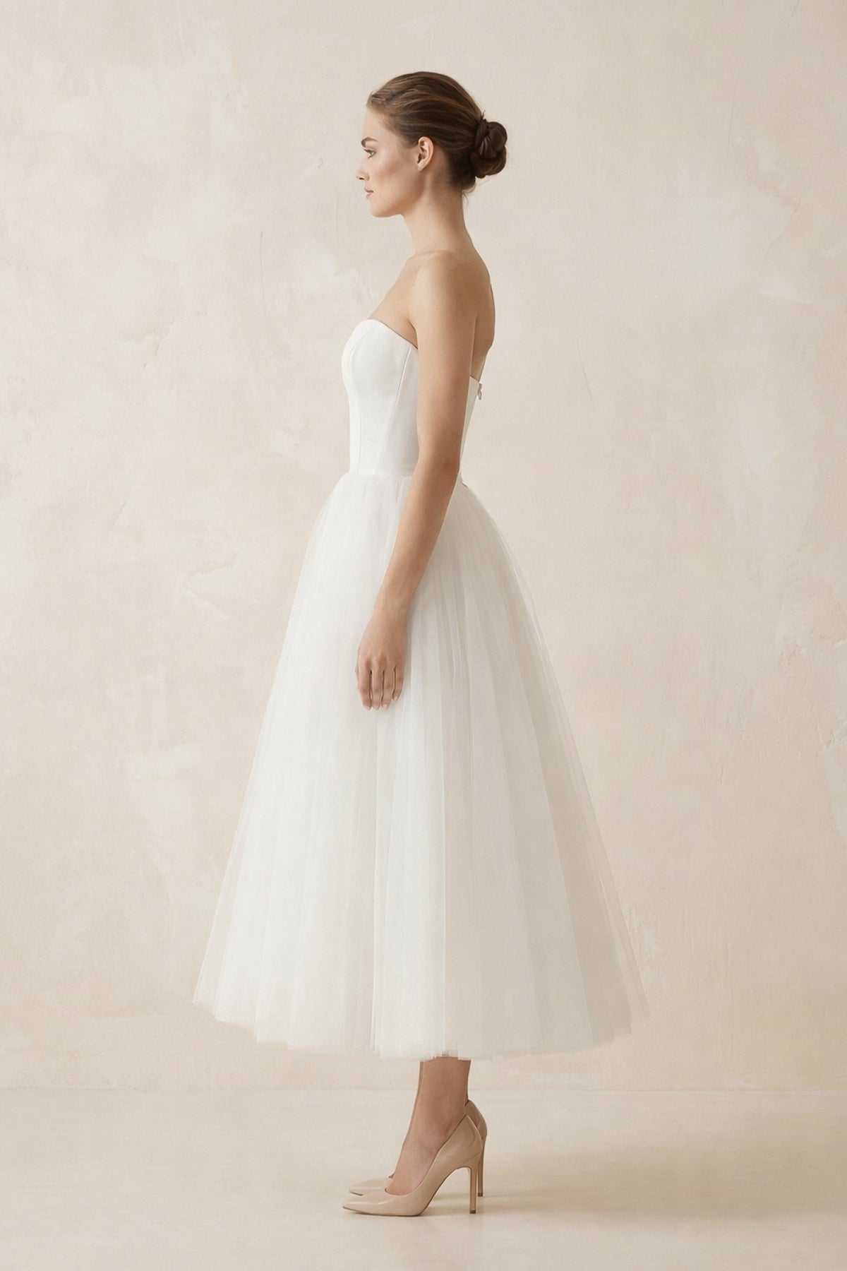 Robe de mariée blanche midi trapèze tulle bustier sans manches - Harana
