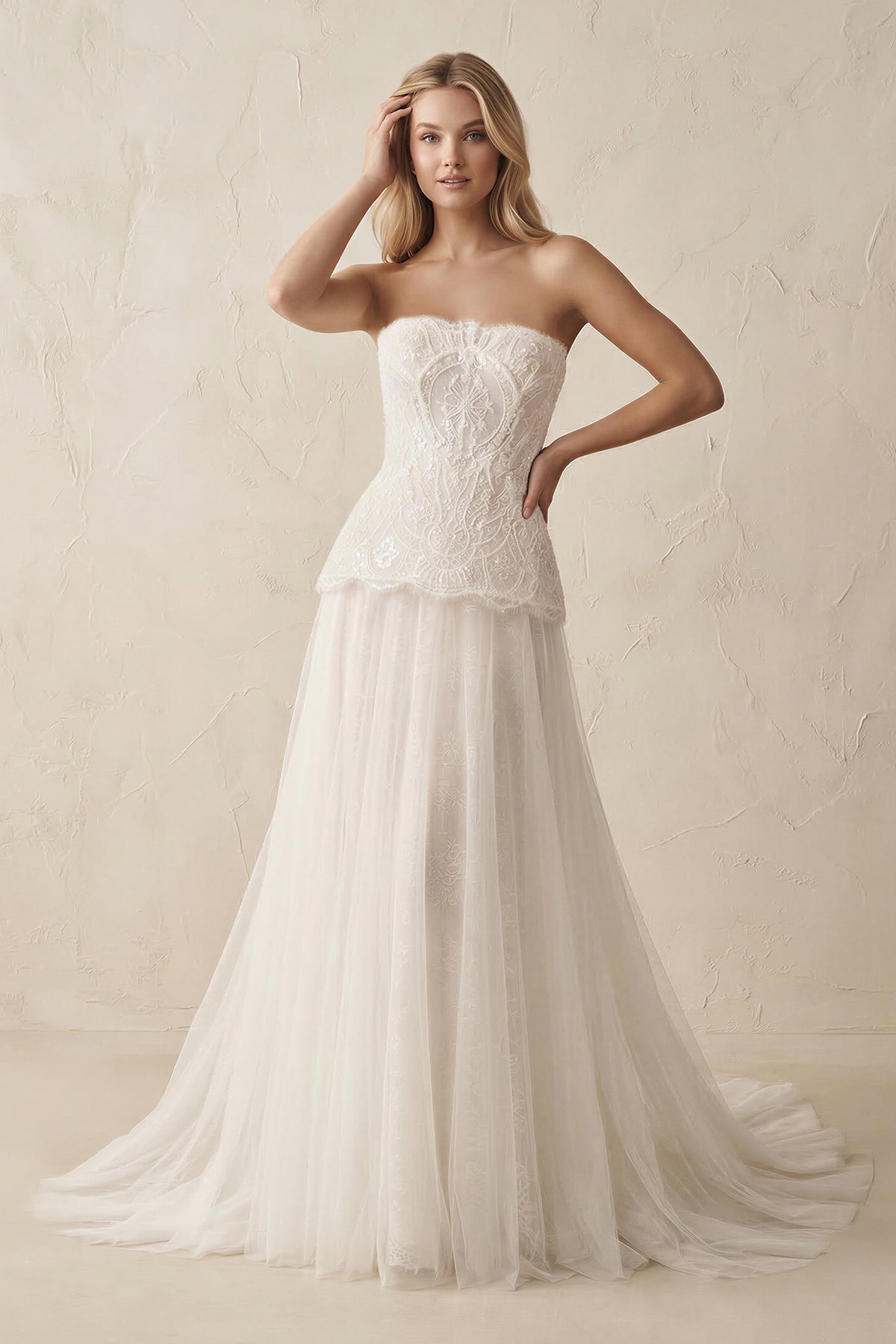 Robe de mariée ivoire trapèze en tulle bustier sans manches - Harana