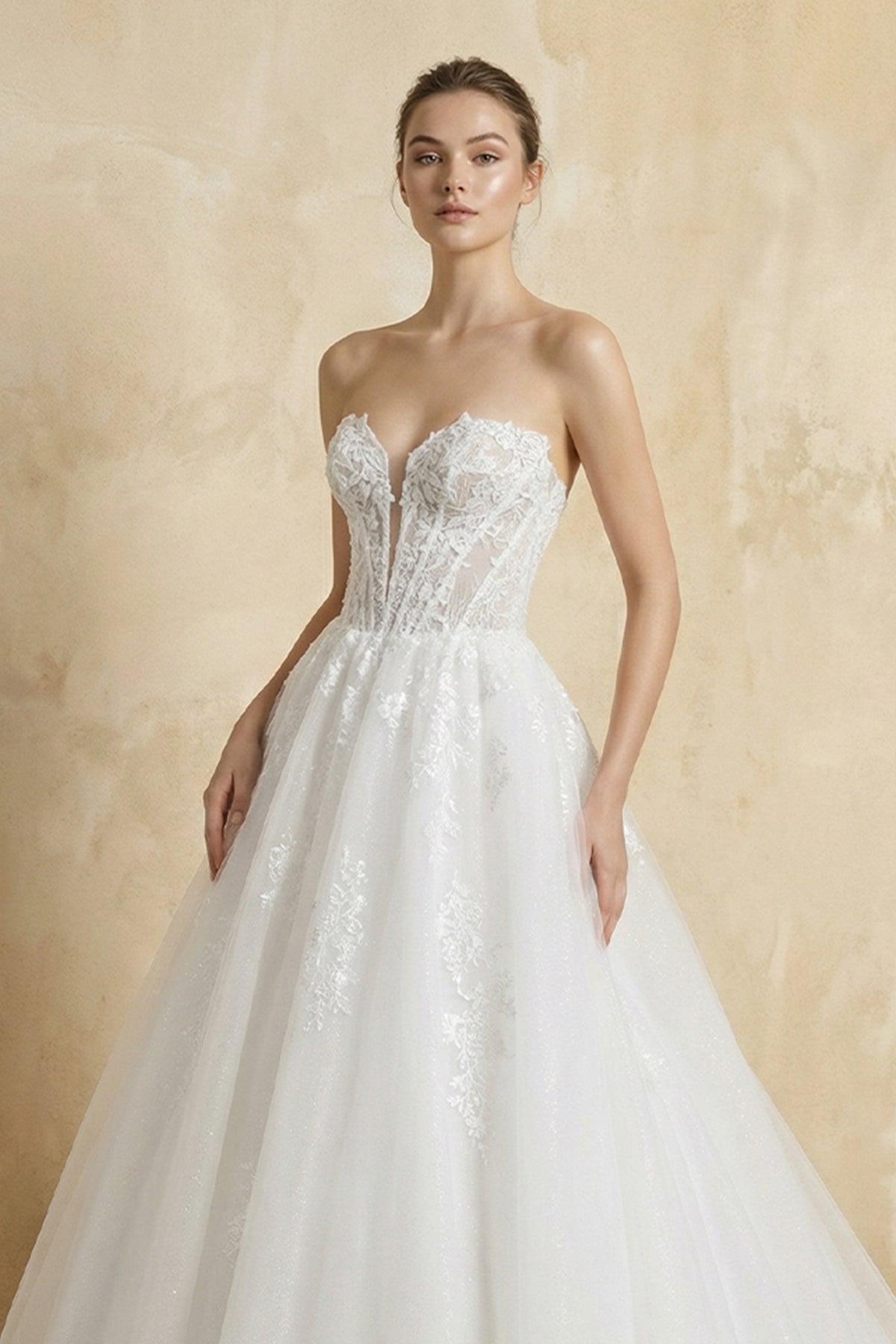 Robe de mariée blanc longue bustier sans manches à dentelle - Harana