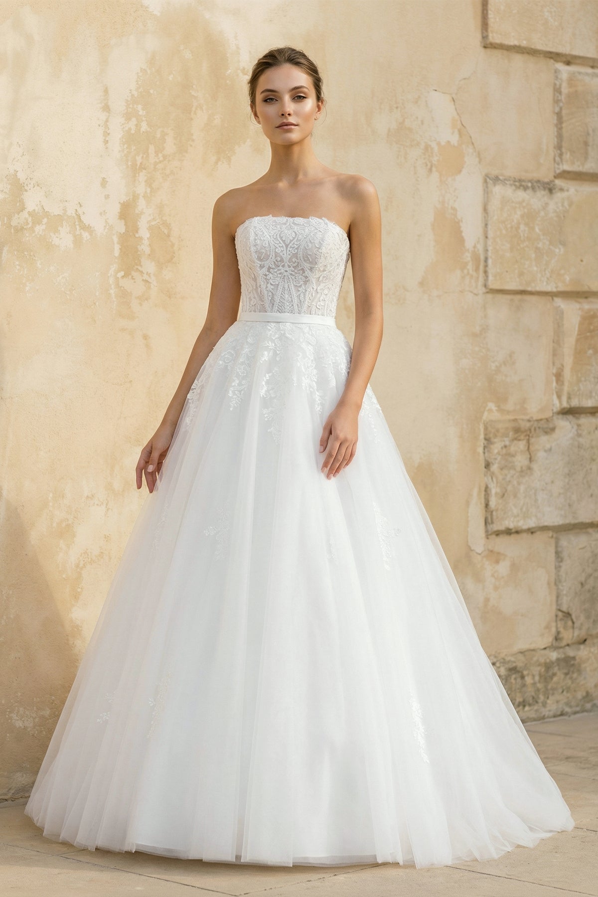 Robe de mariée blanc longue bustier sans manches à dentelle - Harana