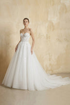 Robe de mariée blanc longue bustier sans manches à dentelle - Harana