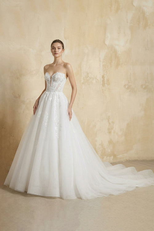 Robe de mariée blanc longue bustier sans manches à dentelle - Harana