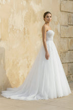 Robe de mariée blanc longue bustier sans manches à dentelle - Harana