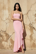 Robe longue rose bustier à volants - Harana