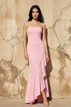 Robe longue rose bustier à volants - Harana