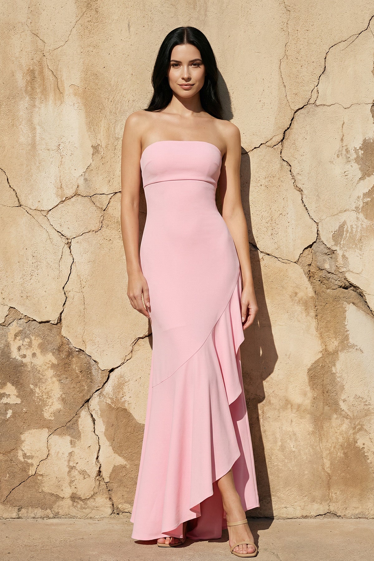 Robe longue rose bustier à volants - Harana