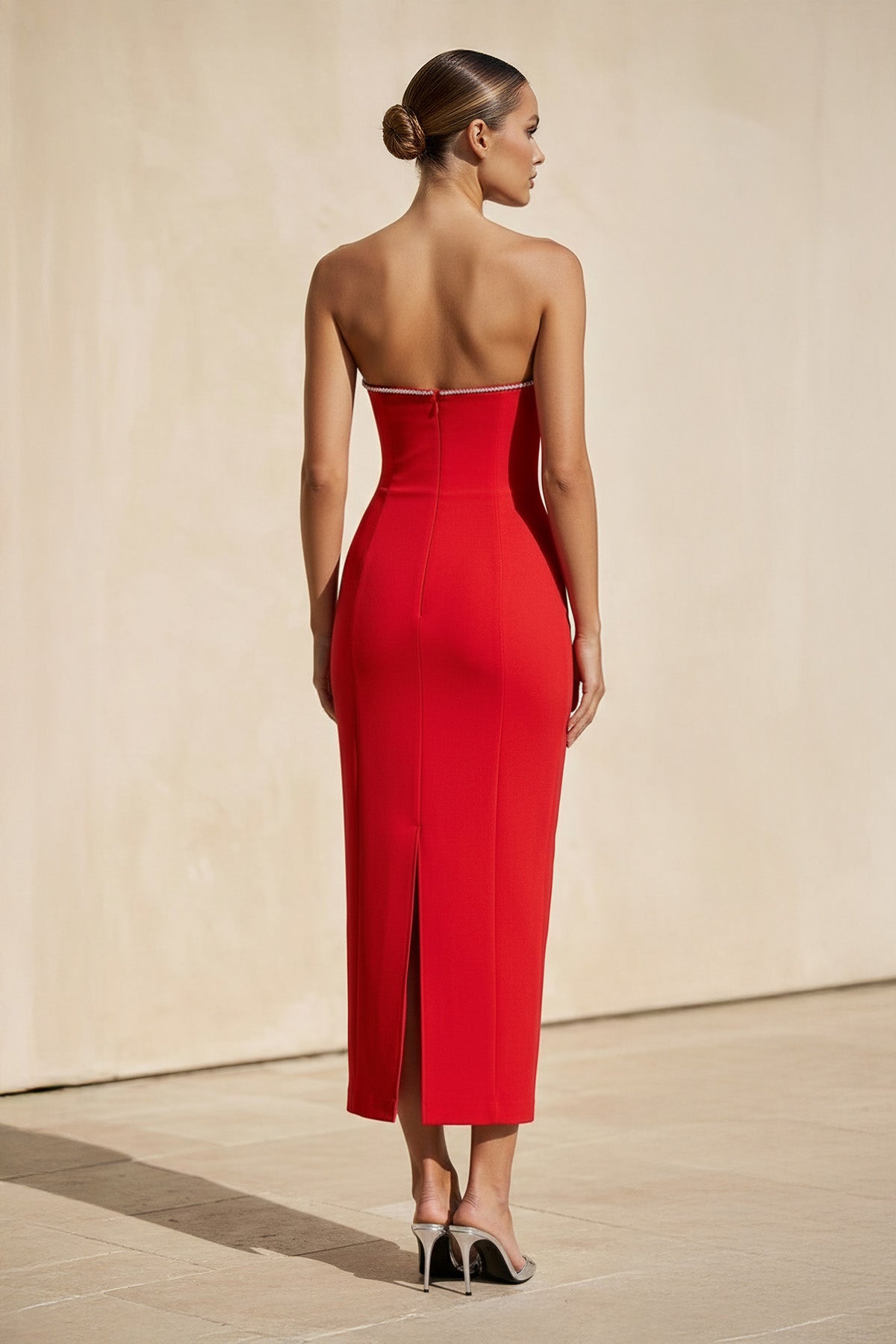 Robe midi rouge bustier perlée - Harana