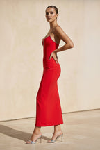 Robe midi rouge bustier perlée - Harana