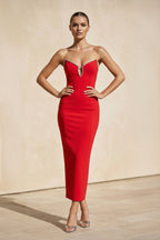 Robe midi rouge bustier perlée - Harana