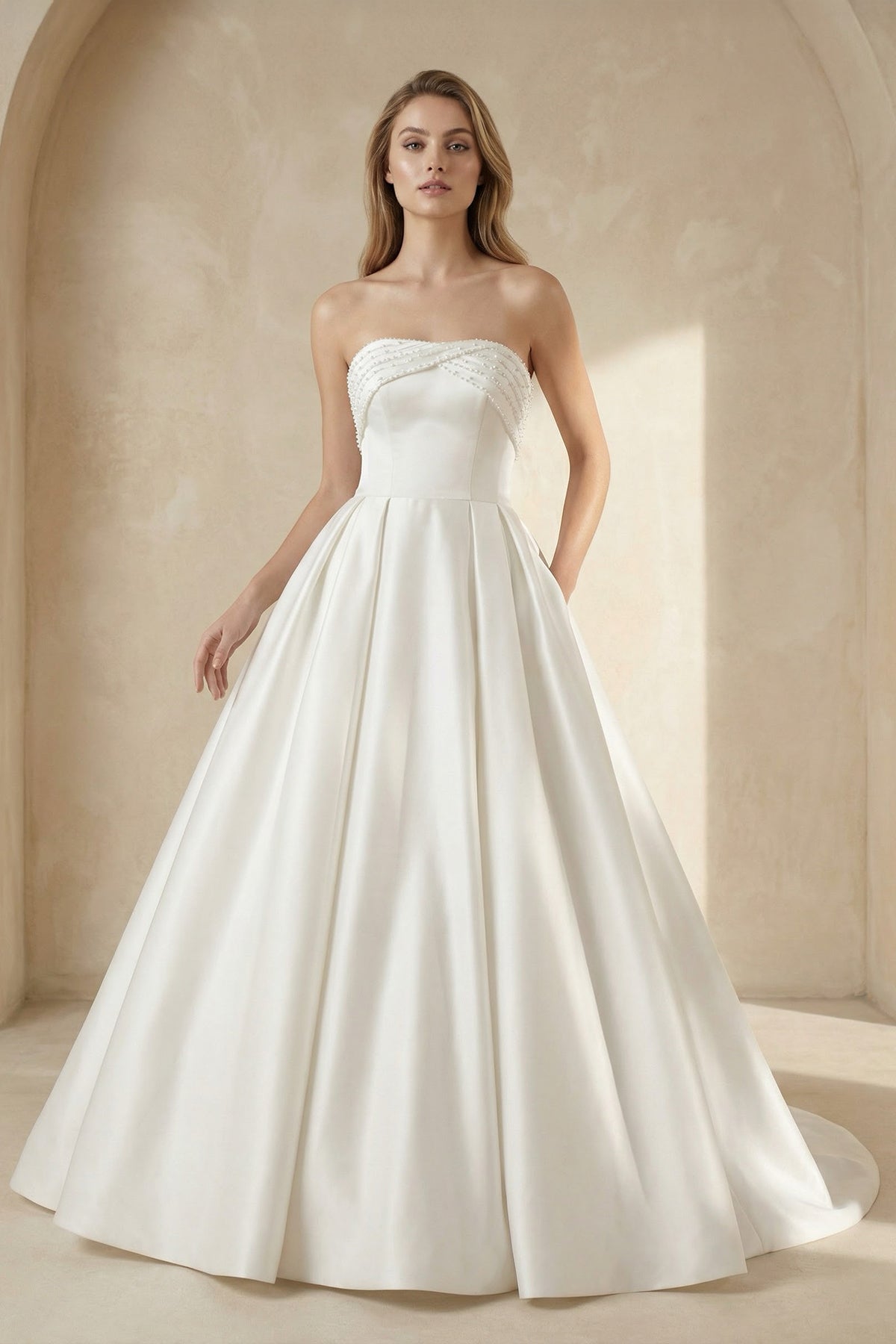 Robe de mariée blanc longue bustier sans manches avec nœud - Harana