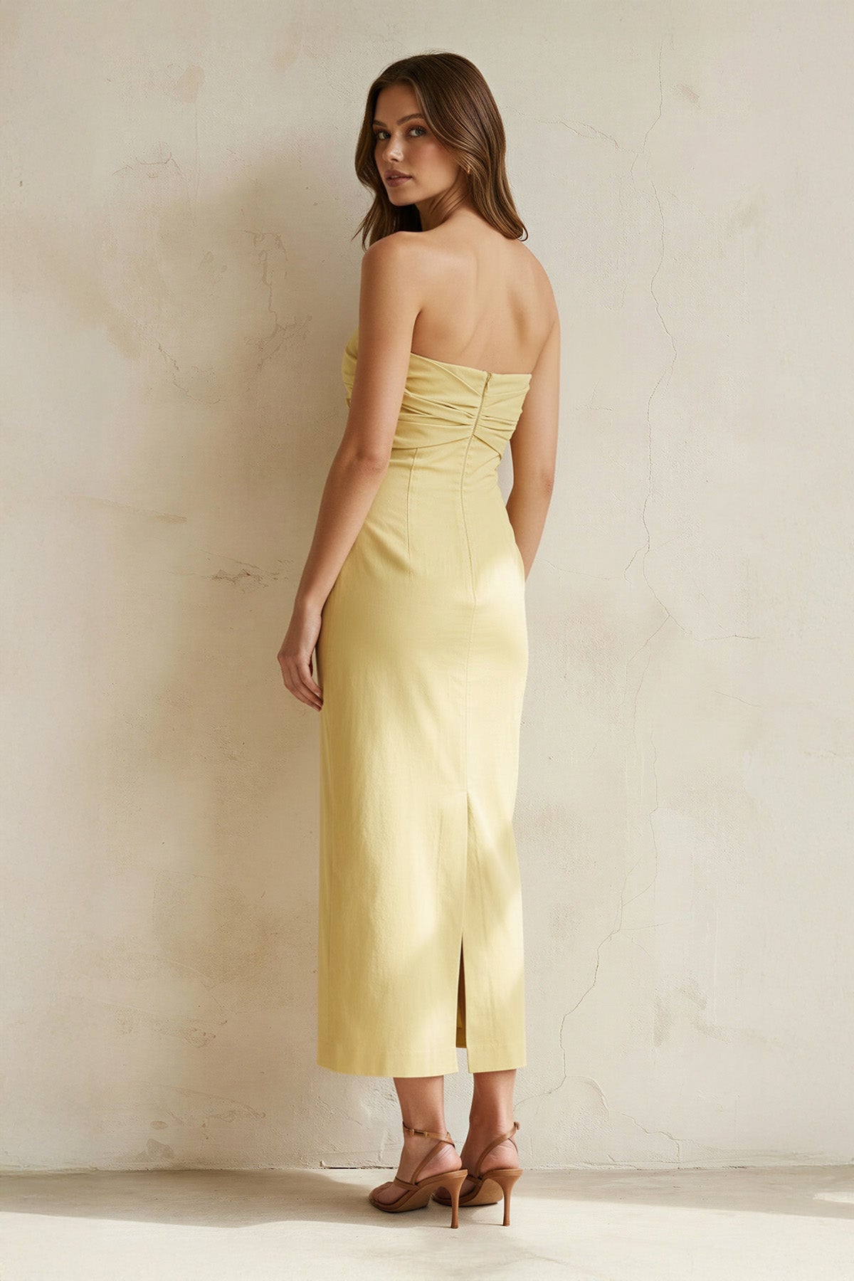 Robe midi jaune bustier avec nœud - Harana