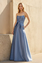 Robe longue steel blue bustier avec nœud - Harana
