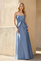 Robe longue steel blue bustier avec nœud - Harana
