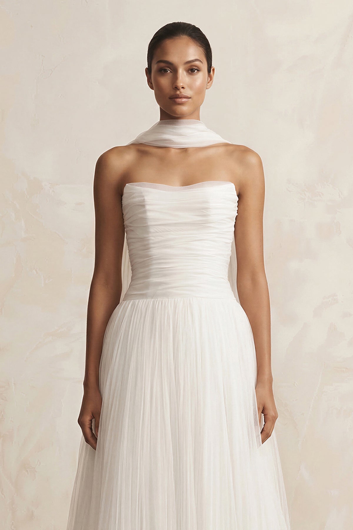 Robe de mariée ivoire trapèze mousseline bustier dos nu sans manches - Harana