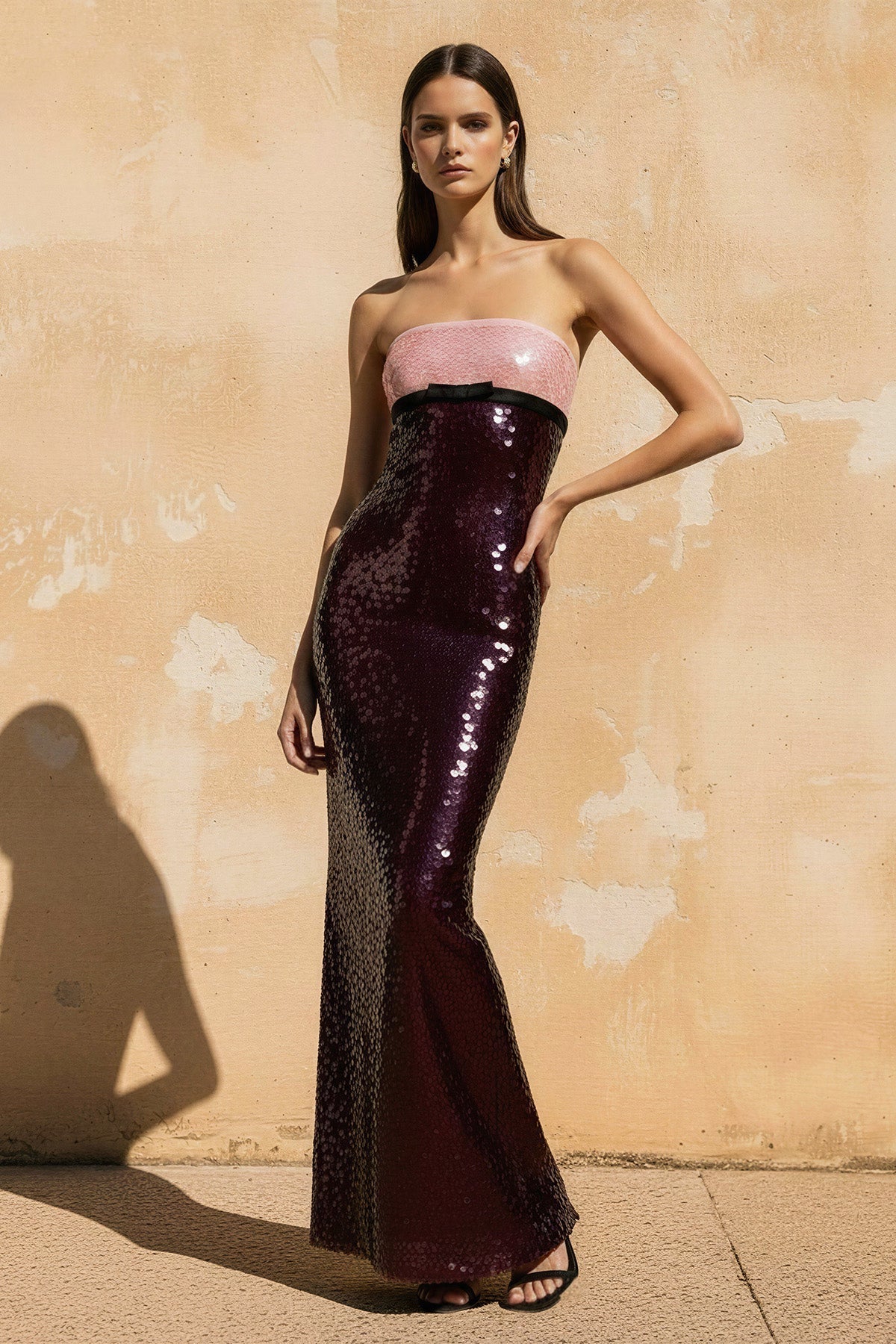 Robe longue black & pink pailletée bustier avec nœud - Harana