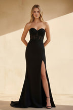 Robe longue noir bustier à corset à appliqués - Harana