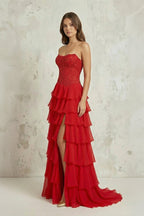 Robe longue rouge en mousseline coupe trapèze bustier à corset - Harana