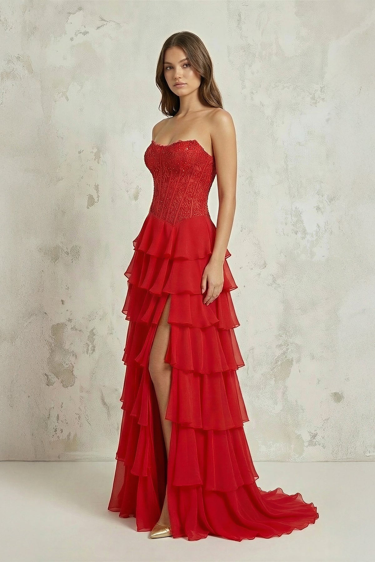 Robe longue rouge en mousseline coupe trapèze bustier à corset - Harana